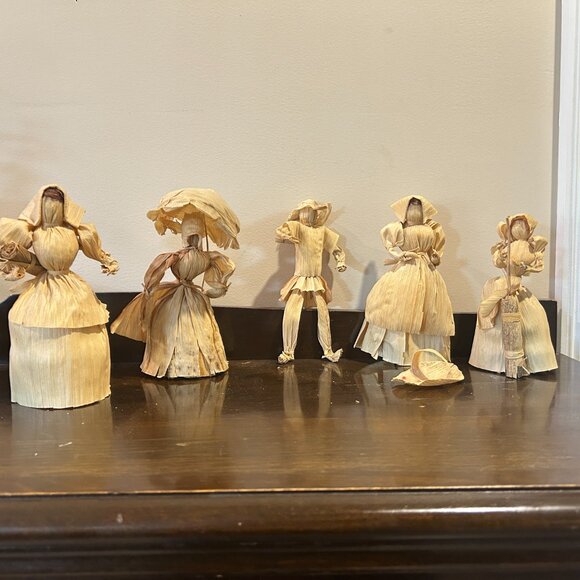 Vintage Rustic Corn Husk Dolls Set of 5 Handmade Folk Art Thanksgiving Decor - Picture 4 of 8